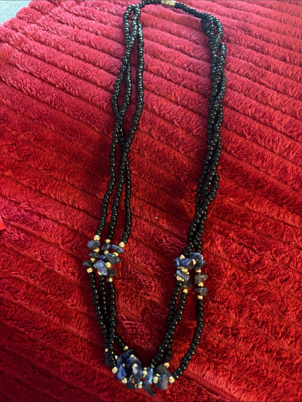 Beaded Black Necklace with Blue Stone Accents